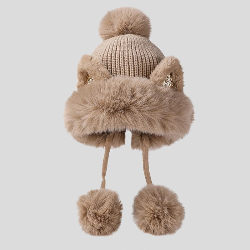 New Echarpe Hiver Women Winter Faux Fur Winter Cartoon Hat Warm Solid Cute  Pompom Hats Knitted Lady Adult Cover Head Cat Ear Cap - AliExpress