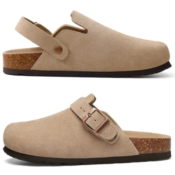 Comwarm Women's Suede Clogs with Adjustable Strap Cork Footbed Leather Mules Slippers Unisex Outdoor Comfortable Potato Shoes