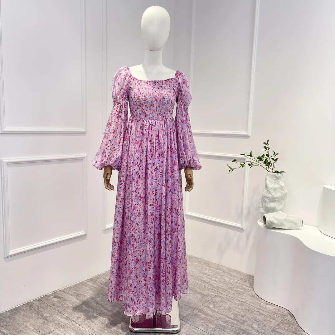 

2023 Women New Top Quality Silk Floral Shirred Long Puff Sleeves Patchwork High Waist Spring Summer Maxi Dress