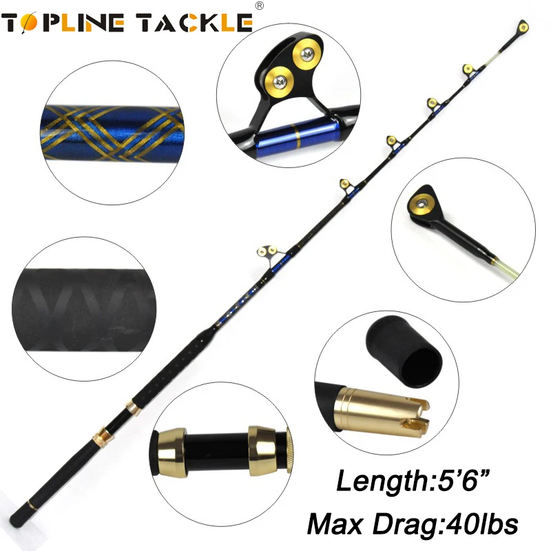 Topline Tackle Ocean Boat Sea Fishing Rods Nylon Butt Boat Fishing Trolling  Rod 20-40LBS FRP Pole PAC Bay Roller Guide