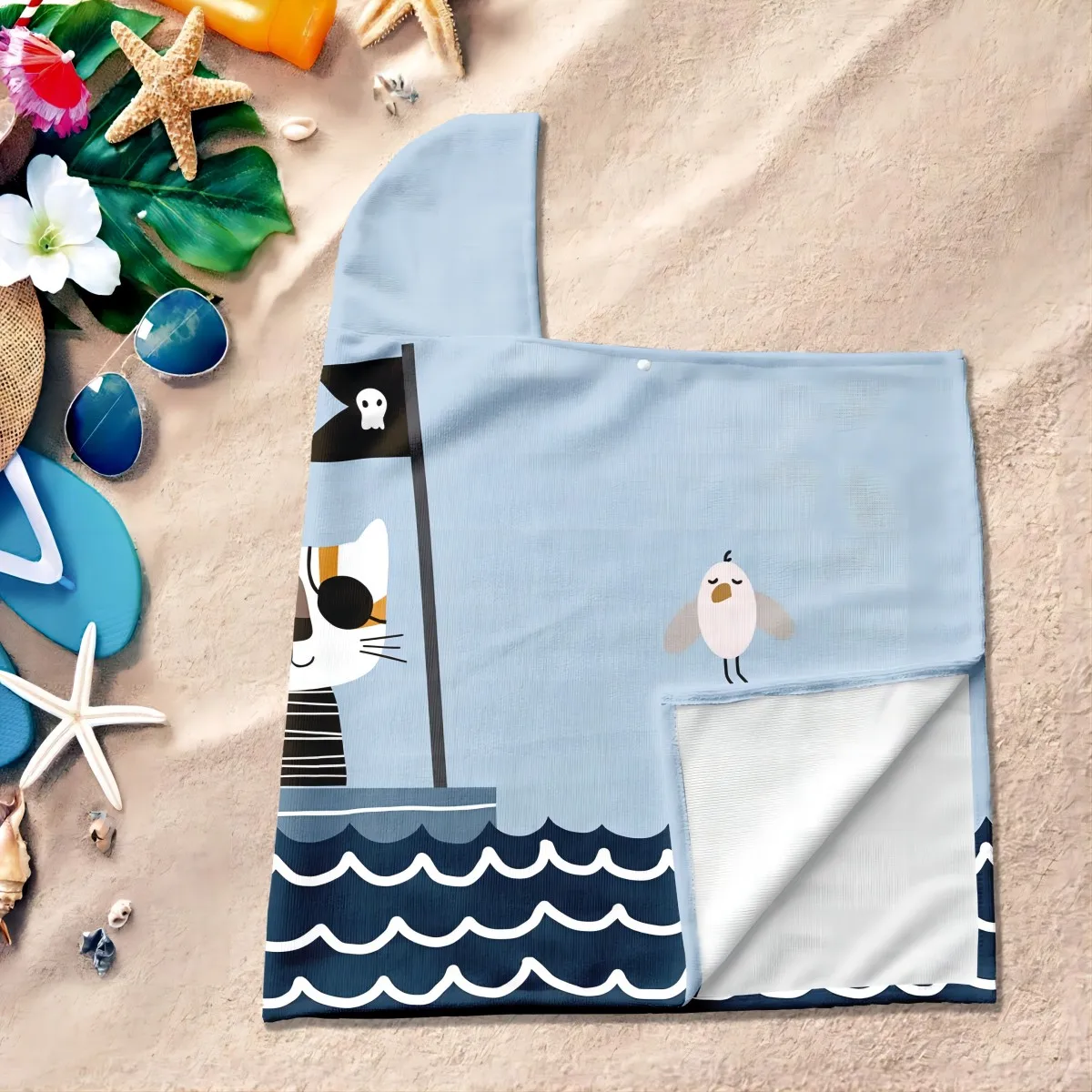 1pc Cartoon Cat Pirate Digital Printing Adult Towel Hooded Bathrobe Quick Dry Skin-friendly Soft Terry Cloth Beach Pool Bathroom