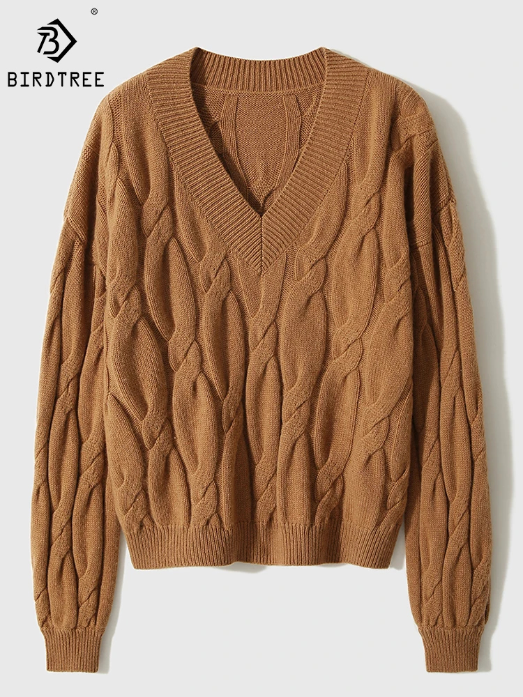 

Birdtree 10%Cashmere 90%Wool Pullover Women's Solid V Neck Gentle Retro Loose Versatile Comfortable Sweater Autumn T3D560QD