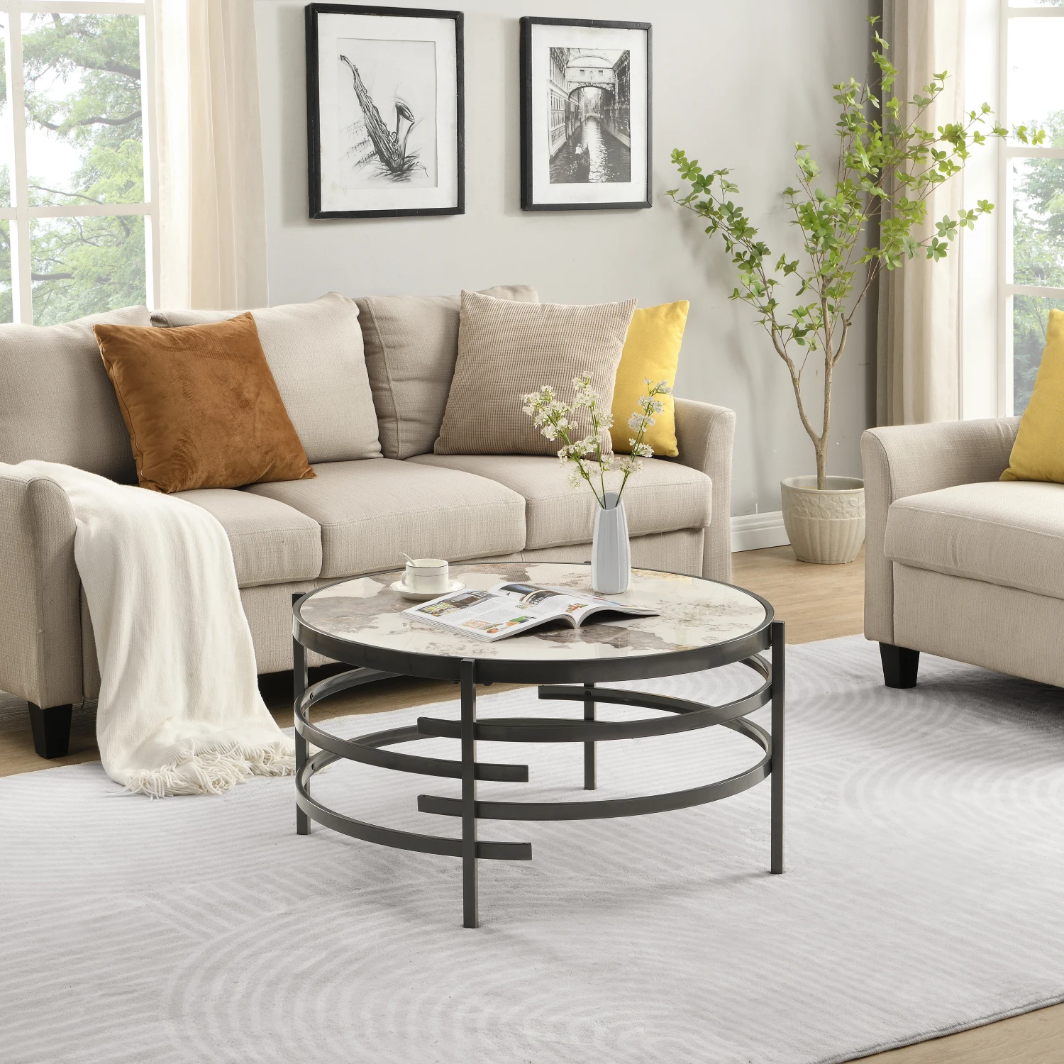 

Modern Darker Gray Round Coffee Table With Sturdy Metal Frame and Sintered Stone Top, Perfect for Living Room Decor, 32.48'' Dia
