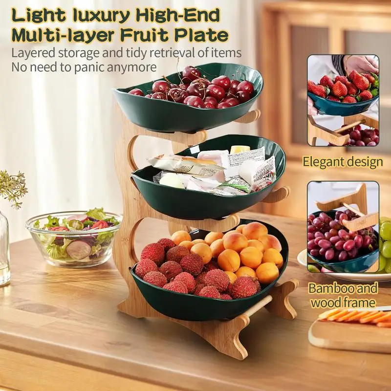 3 Tier Fruit Basket, 1 Count Large Capacity Tiered Fruit Basket Stand, Bamboo Fruit Basket Fruit Tray Snack Nuts Bread 3