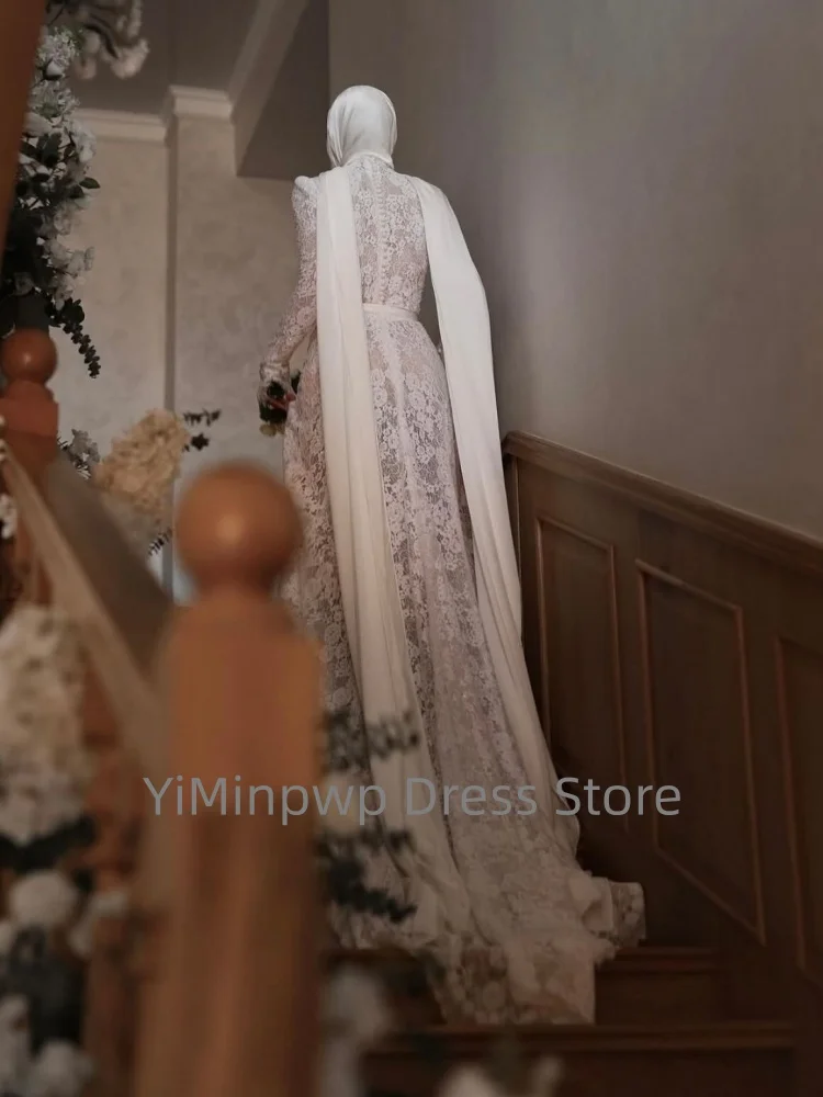 Muslim Lace Weddings Dresses with High Neck Long Sleeves Mermaid Hijab Brides Dress Elegant Islam Garden Bridal Gown Customized
