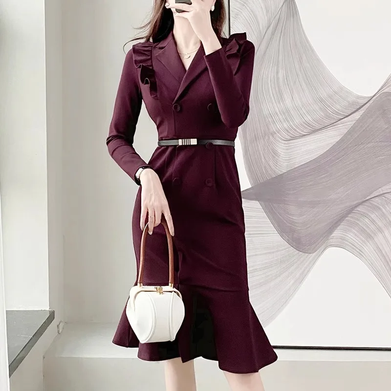 

Light luxury high-end dress, women's long sleeved spring new professional temperament goddess style fishtail evening dress
