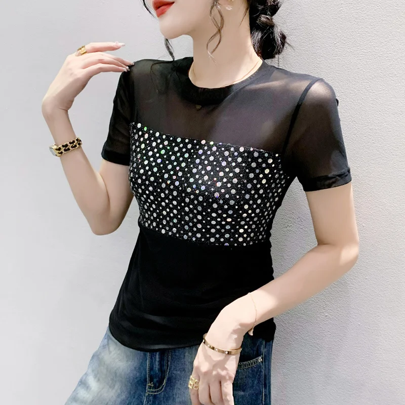 

#7350 Split Joint Mesh Perspective T Shirt Women Short Sleeve Tight Short Sequins Tshirt Sexy Streetwear Hip Hop T-shirt Female