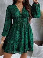 New Sexy V-Neck Leopard Print Long-Sleeve Dress Plus Size Women Clothing American Slim A-Line Skirt Elegant Party Evening Dress - Image 6