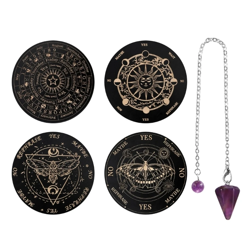 

Wooden Pendulum Board with Crystal Dowsing Pendulum Necklace Moons Star Divination Healing Meditation Board Ornaments