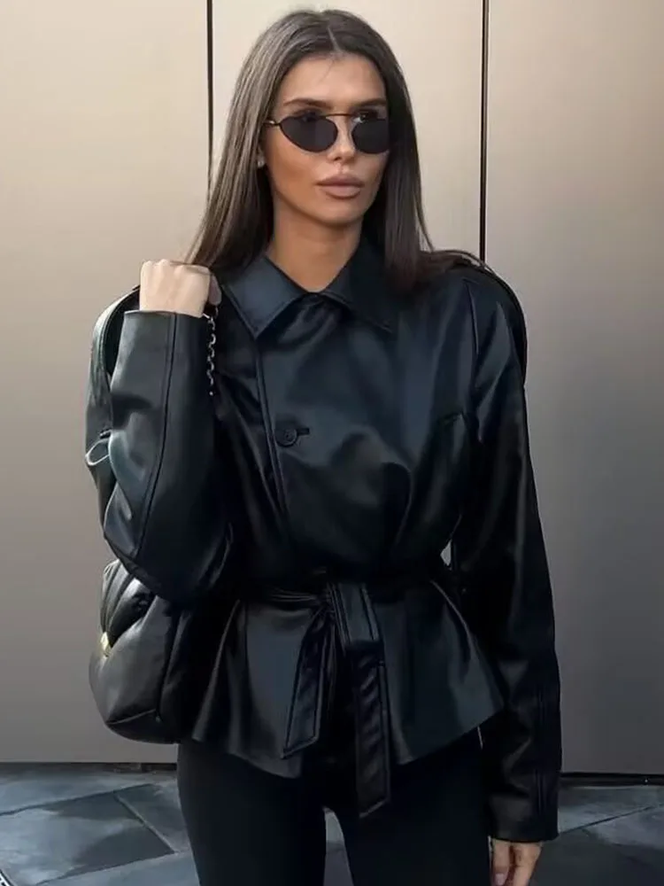 2025 Autumn Fashion Imitation Leather Effect Jacket Coat Long Sleeve With Belt Jackets For Women Streetwear Casual New Outerwear