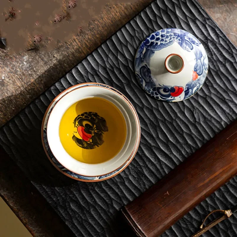 130ml Chinese Blue and White Ceramic Tea Tureen Handmade Fish Gaiwan Beauty Tea Infuser Teacup Household Bowl Teaware