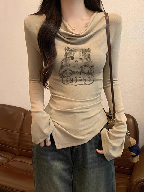 Y2k Cat Long sleeve T-shirt Women Luxury Korean Graphic Off shoulder Top Casual Lady Basic Tees Slim Sexy