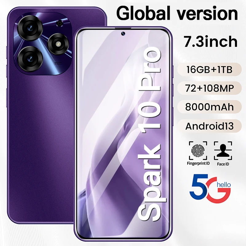 

Смартфон глобальная версия Spark 10 pro, разблокированный телефон с большим экраном 7,3 дюйма HD 4G