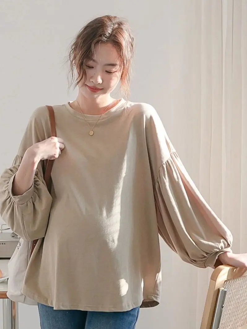 임산부용 긴팔 루즈핏 셔츠 라운드넥 랜턴 슬리브 이너웨어 스웨트셔츠 봄 가을 단색 티셔츠