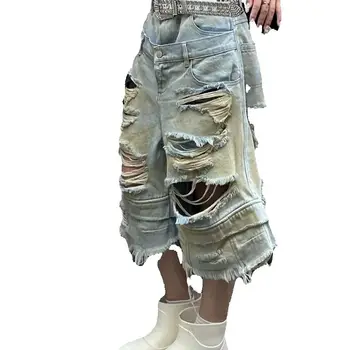 Y2K Fashion New Holes Do Old Washed Baggy Denim Shorts Female Gothic Harajuku Popular Casual Joker High Waist Wide Leg Pants 1