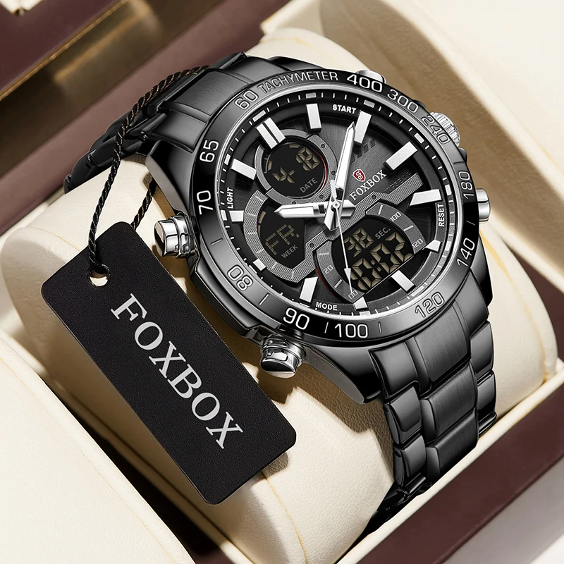 FOXBOX Men's Fashion Business Quartz Analog Digital Wristwatch Stainless Steel Luminous Chronograph Man Watch Relogio Masculino