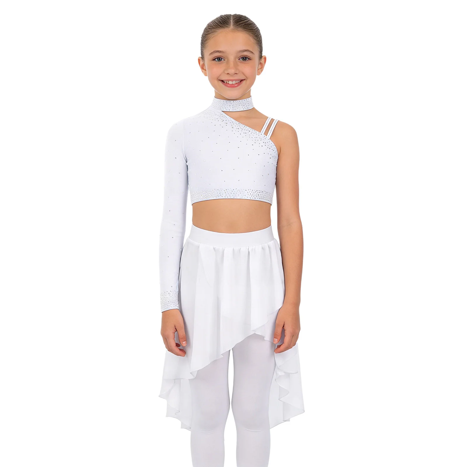 Kinder Mädchen Ballett Lyrical Dance Performance Kostüm Glitzernde Strasssteine Tops Unregelmäßige Schulter Crop Top mit High-Low Rock – Detail 2
