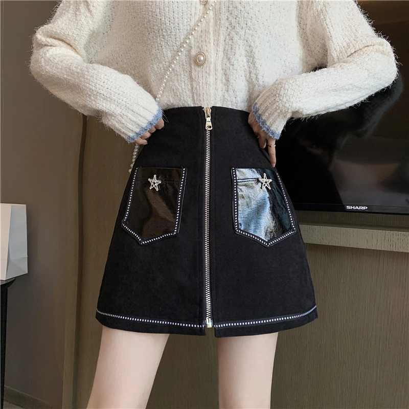 

Женская замшевая юбка на молнии, черная облегающая трапециевидная юбка с высокой талией, короткая юбка большого размера для осени и зимы