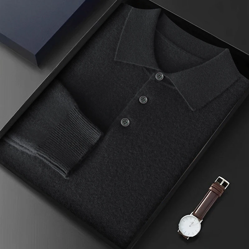 Men Knitwear Australian Wool Pullover Cashmere Sweater Polo Collar Thick Style Long Sleeve Warmth Basic Business Clothing Tops 2