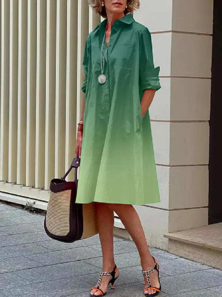 

Yeezzi Women Shirt Dress 2024 New Spring Fashion Gradient Color Long Sleeves Lapel Casual Going Out Vacation Midi Dresses