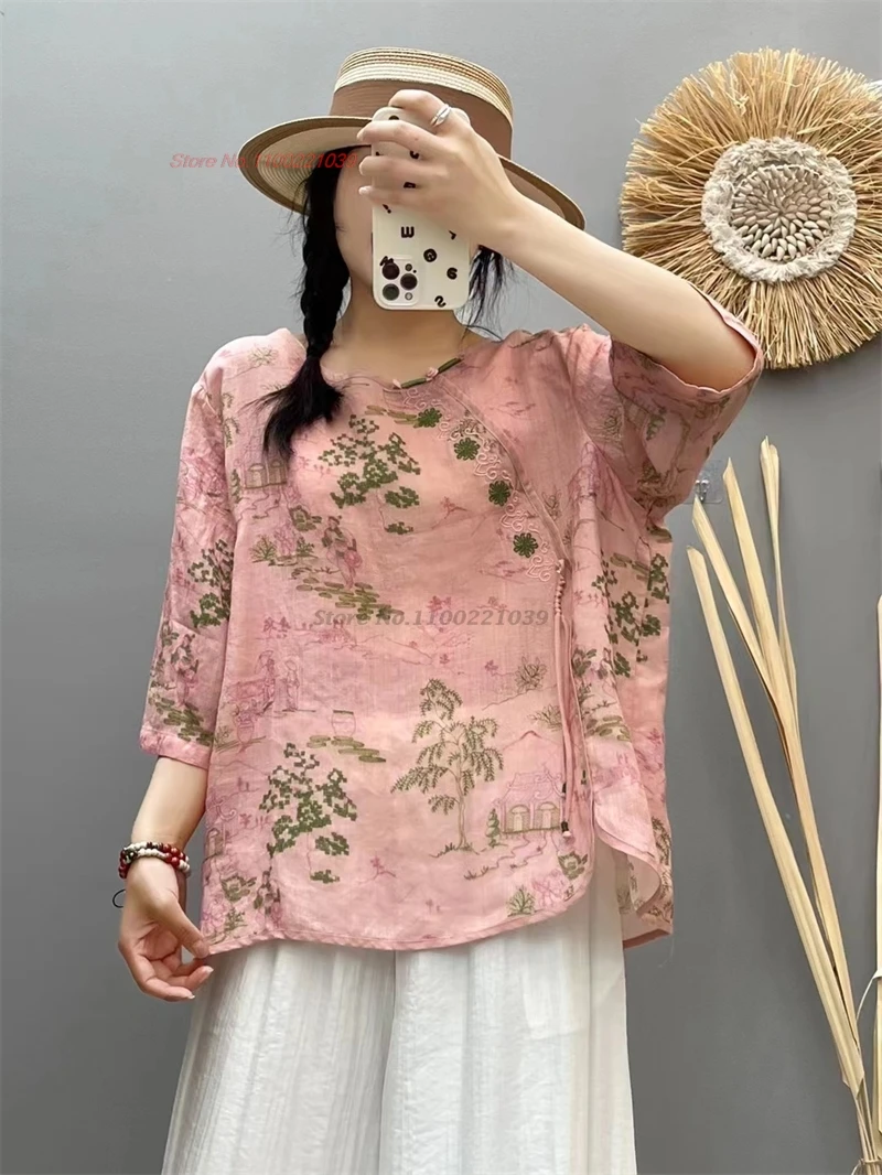 

2024 chinese vintage hanfu tops national improved 100% linen qipao blouse oriental flower print folk loose blouse streetwear