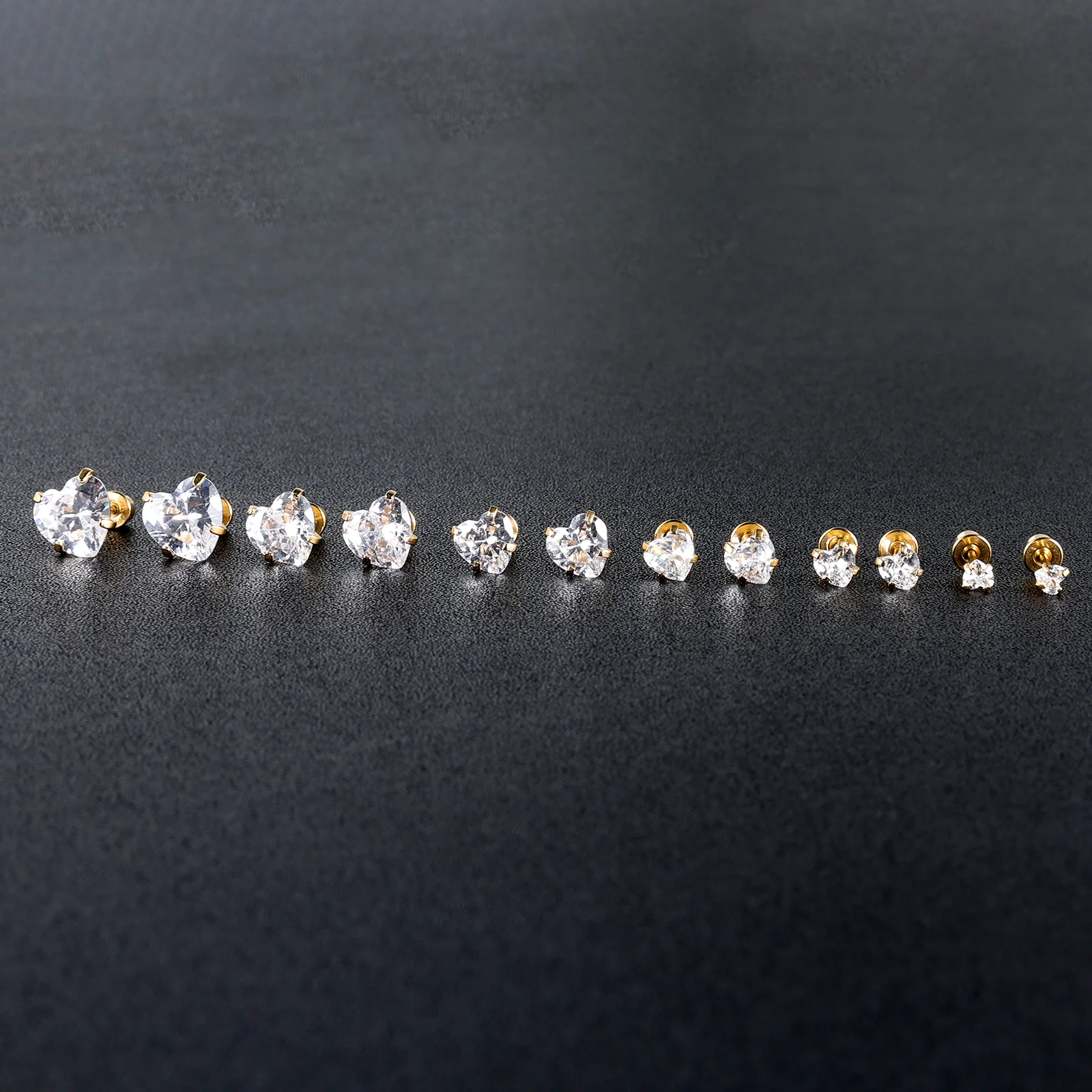 6 Pairs Stainless Steel Screw back Stud Earring, Gold Plated Heart Star Square Princess Cut Round Cubic Zirconia CZ Stud Set - Image 2