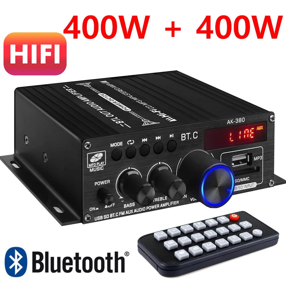 HIFI Sound Amplifier 2.0 Channel Bluetooth Amp Home Digital Audio DC 12V3A  AK380/AK370/AK280/AK270/AK170 for Car Bass Trebl