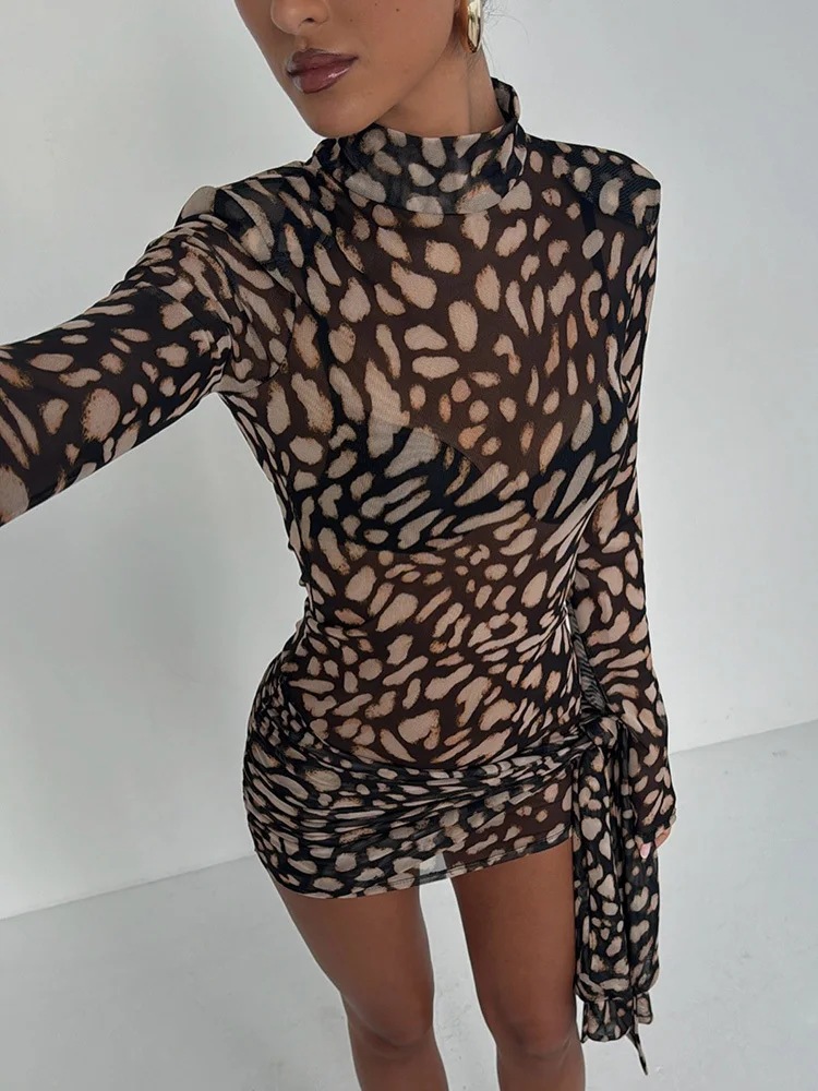 Mozision Mesh Leopard Print Sexy Mini Dress For Women Robe Fashion Turtleneck Draped Ruched High Waist Club Dress Vestido 5
