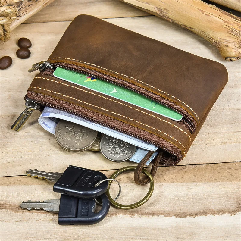 

Retro Genuine Leather Coin Purse with Keychain for Men & Women Cowhide Zipper Coin Wallet Vintage Key Holder Mini Bag