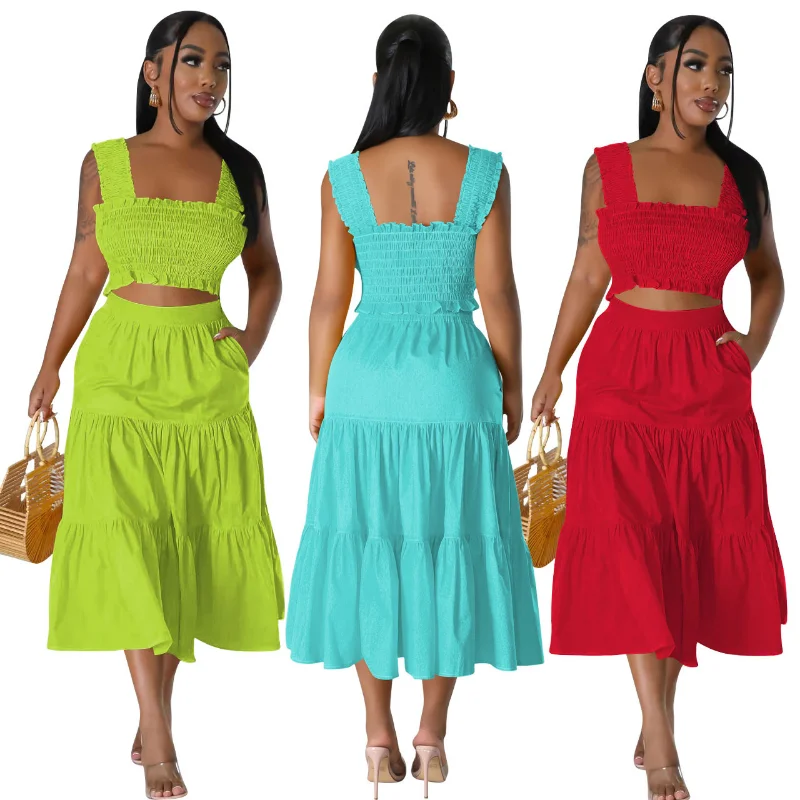 Casual Ruffles 2 Piece Sets Dress Women Pleated Tanks Crop Tops Pockets A-line Midi Skirts Summer Clothings Beach Outfits Suits shascullfites shaper set brown pu leather suits zipper tanks crop top streetwear club pant sets women 2 pieces