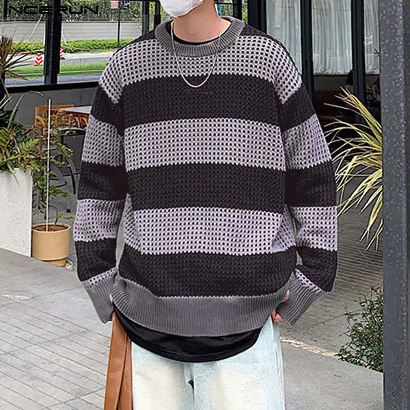 

Футболка INCERUN Мужская прозрачная в полоску, свободная Повседневная рубашка с длинным рукавом и круглым вырезом, уличная одежда, 2023