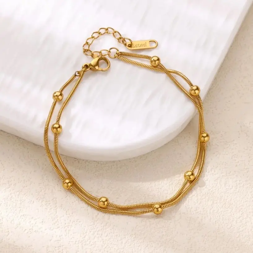 Double Beads Round Snake Chain Anklets For Women Stainless Steel Leg Bracelet