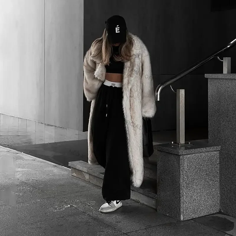 Neo Mint 2024 Winter Warm Fluffy Gradient Eco Fur Jacket Women Luxury Long Faux Fox Fur Coat Street Furry Outerwear Overcoat 3