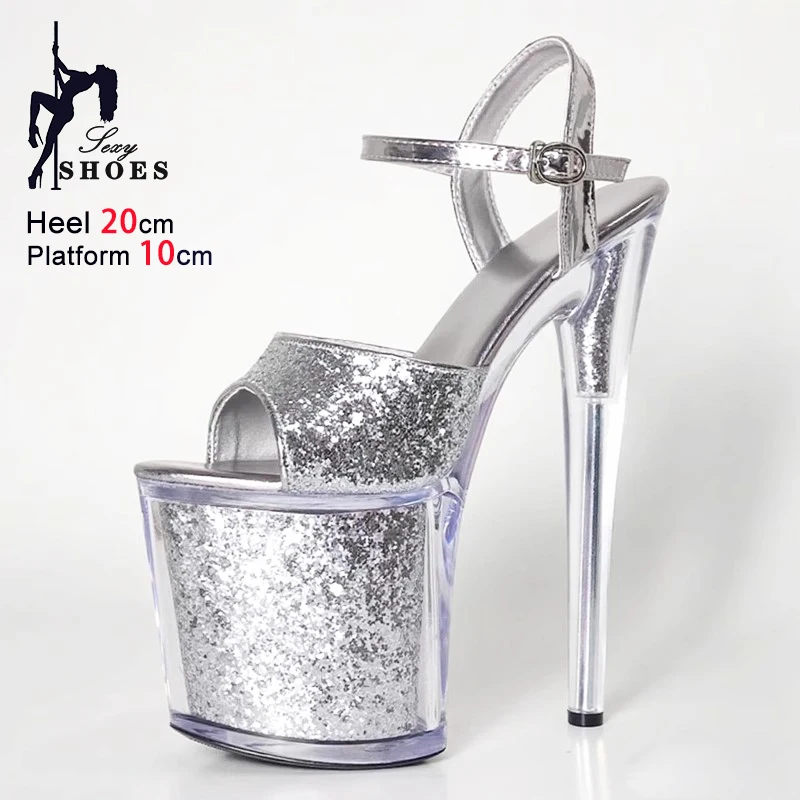 Red Sandals 20CM Ultra high heels Summer Model Catwalk Show Shoes 10CM Clear Platform Glitter Sequin Stiletto Sandals For Women