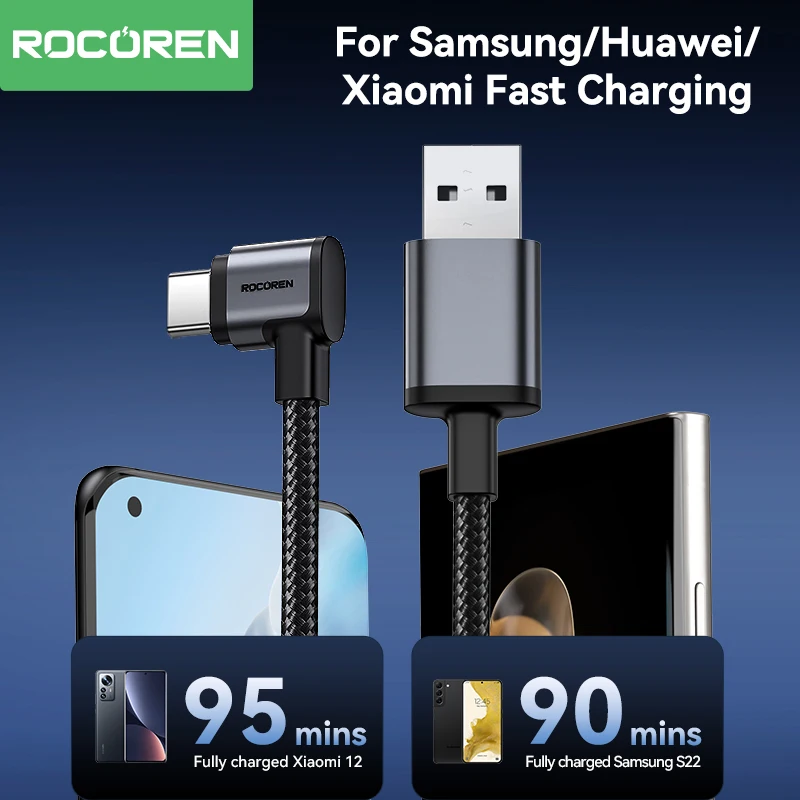Rocoren 3A 90 Degree USB Type C Cable QC 3.0 Fast Charging Wire For Mobile Phone Samsung Huawei Xiaomi Charging Elbow Data Cord Best Sellers In Phones Accessories