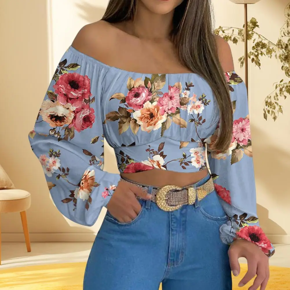 

Women Elegant Boho Print Blouse Casual Long Lantern Sleeve Off Shoulder Slim Shirt Female Chic Cropped Top Summer Tunics