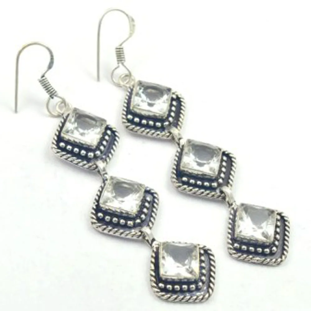 White Topas  Earrings  Silvers  Overlay Over Copper,  Usa Size  78Mm , E3102