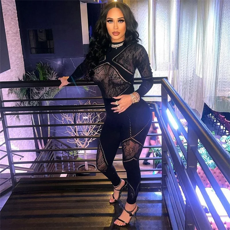 

Zoctuo Knitted Casual New One-Piece Pants Womens Black Sexy Hollow Out Long Sleeved Slim Fit Jumpsuits Club Party Street Outfits