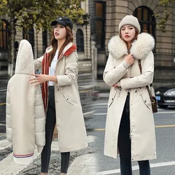2023 New Women's Winter Coat Hooded Fur Collar Long Thick Artificial Fur Filled Parka Fashion Detachable Jacket Female Outerwear