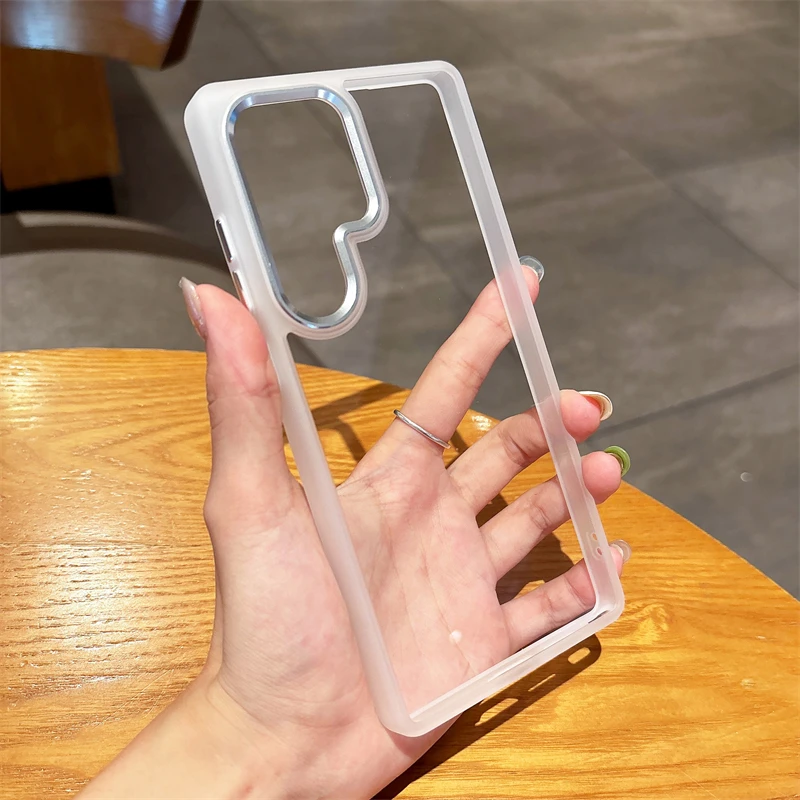 HD Transparent Acrylic Case with Metal Camera Ring and Silicone Bumper Armor, Shockproof Hard Cover