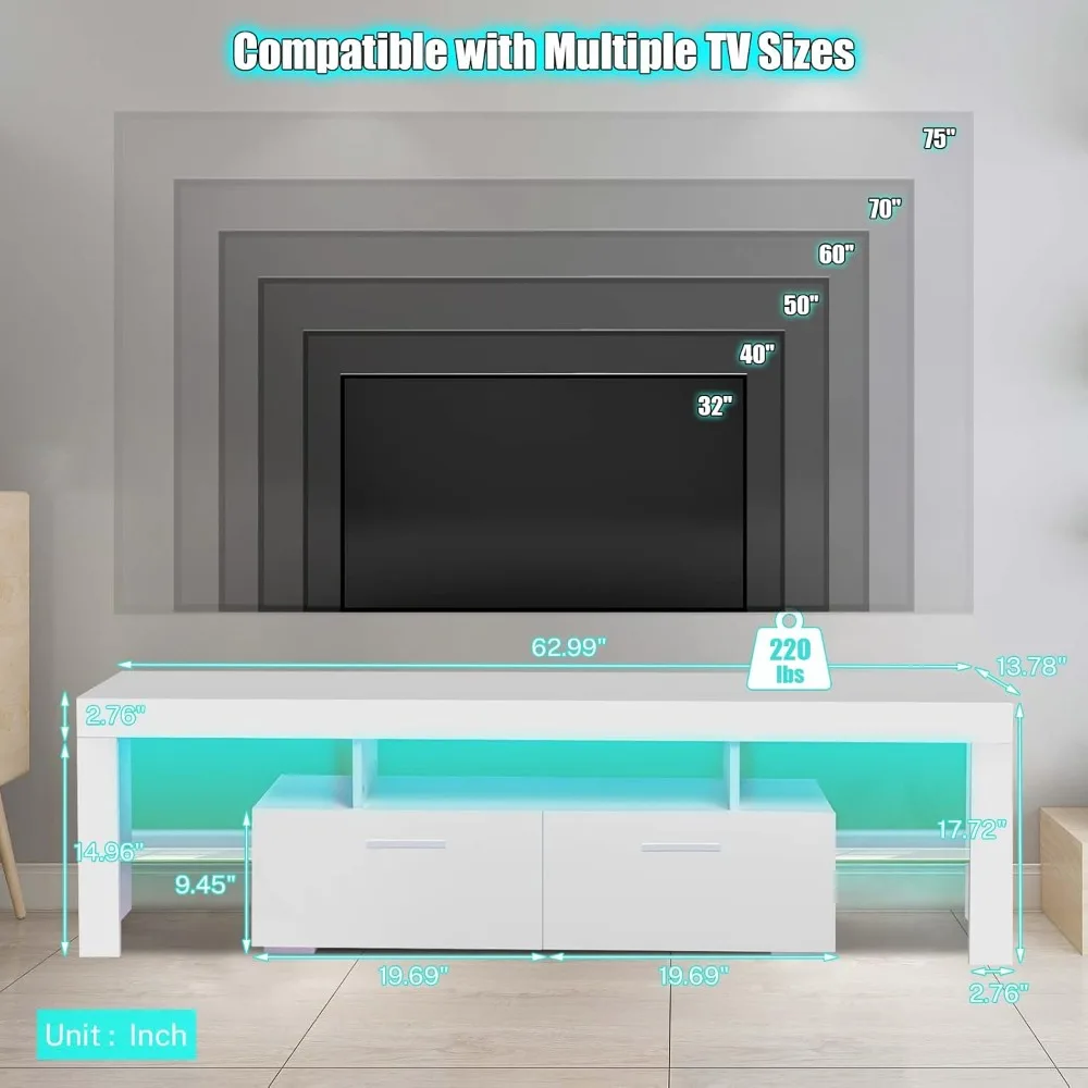 LED TV Stand with Storage Lights for 55/65/70/75 inch TV, TV Console Table with High Glossy Entertainment Center for Gaming 3