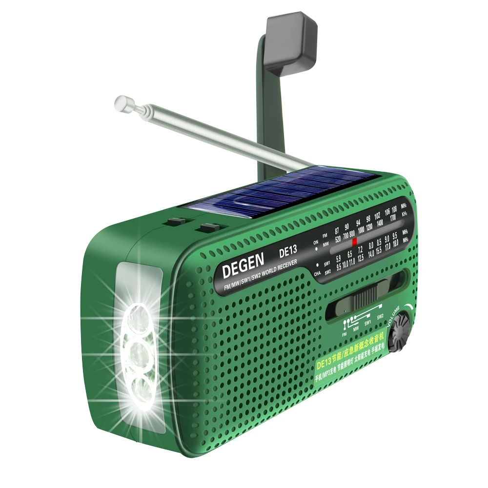 DE13 휴대용 생존 비상 라디오 태양열 핸드 크랭크 FM MW SW 수신기 LED 손전등 휴대폰 충전기 알람 시계 (캠핑용)