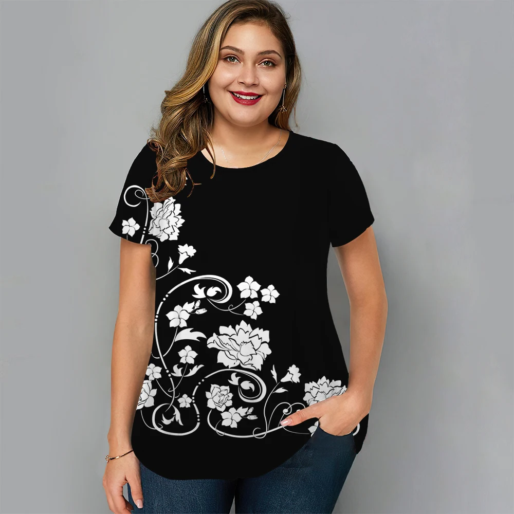 Floral T Shirt Für Frauen Übergroßen Y2k Mädchen Kleidung O Hals Mode Kurzarm Bluse Sommer Neue Streetwear Weibliche Casual tops