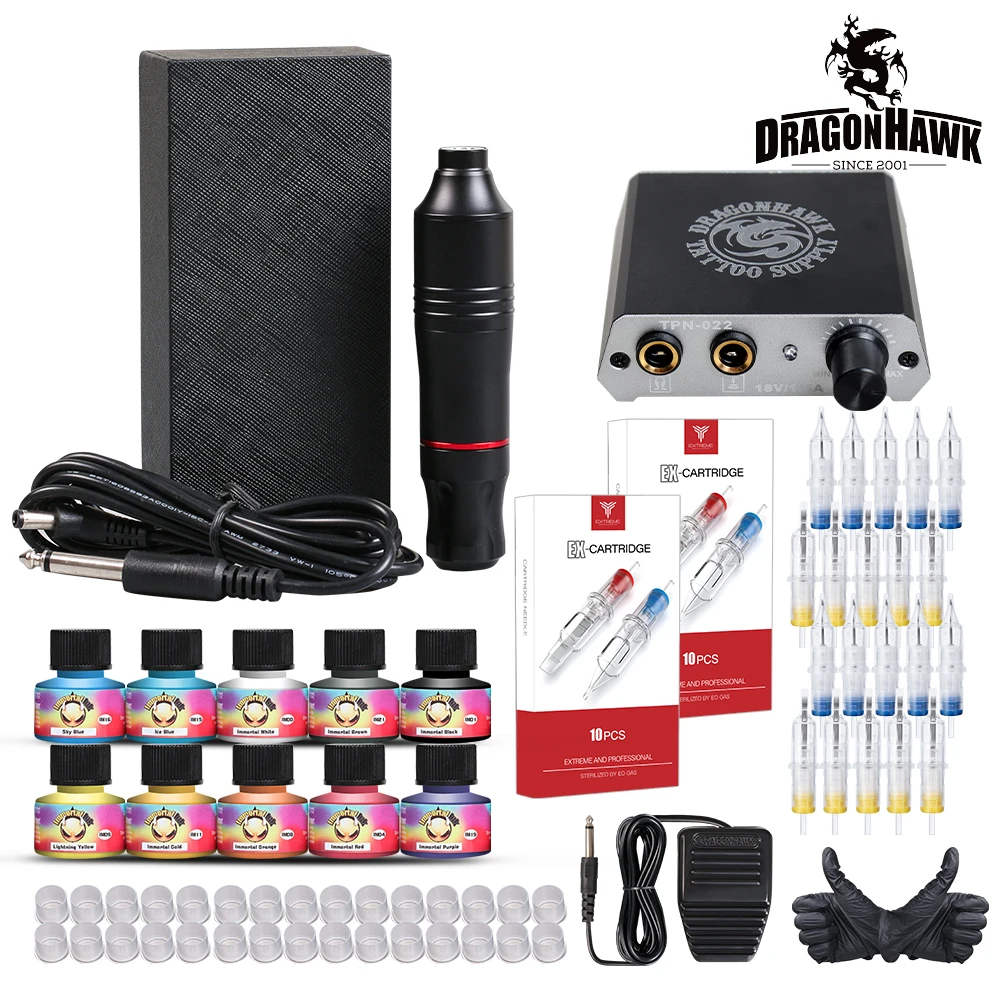 Dragonhawk Tattoo Kit Motor Pen Machine Gun Immortal Color Inks Power Supply Needles Tattoo