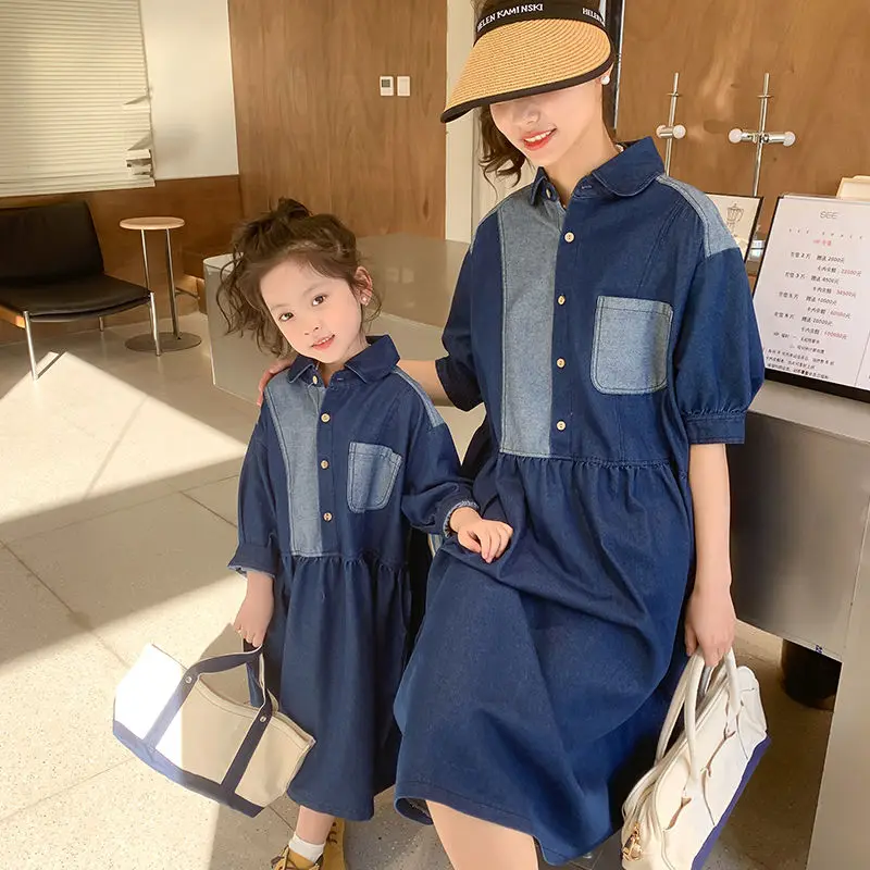

Summer New Mother and Daughter Matching Clothes Women Girls Short Sleeve Denim Casual Dresses Fashion Family Matching Outfits