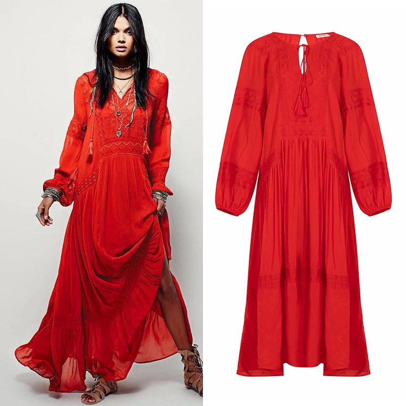 

Summer new women's retro solid color heavy industry embroidery cotton long dress