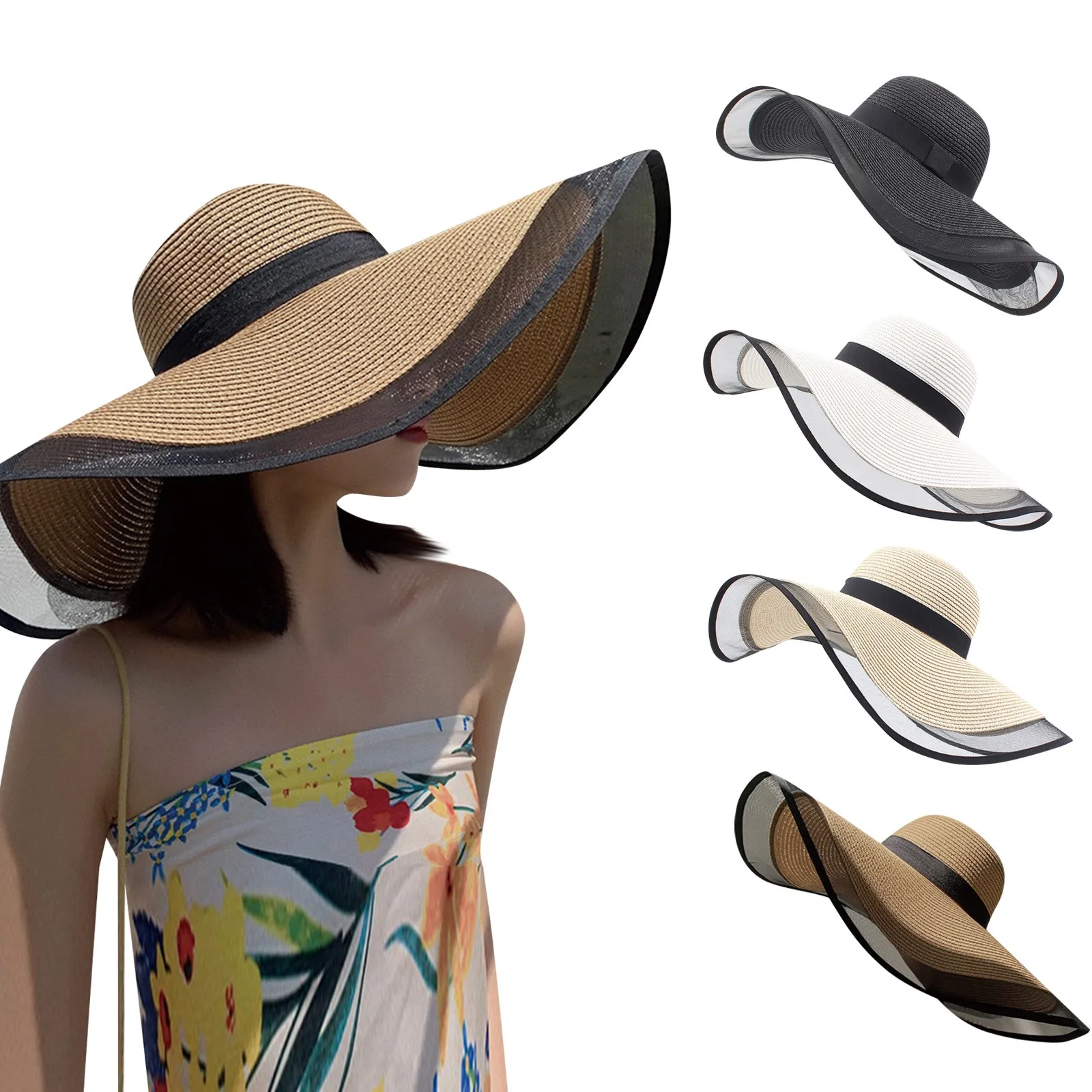 Women'S Vintage Straw Sun Hat Big Eaves Waves Beach Hawaiian Cap Ladies Light Gauze Brim Elegant Sun Protection Cap Holiday_voghion.com