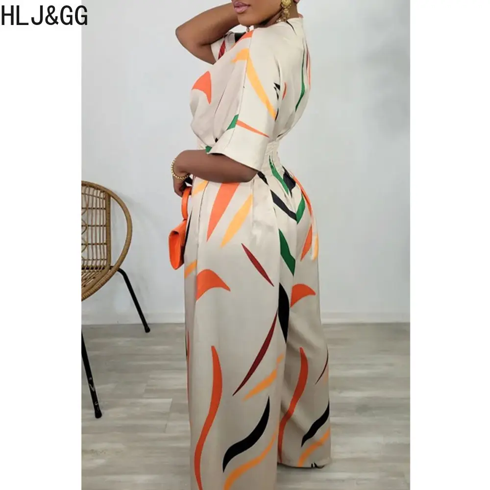 HLJ&GG Beige Casual Printint Wide Leg Pants Jumpsuits Women V Neck Short Sleeve Playsuit Elegant Lady One Piece Matching Overall