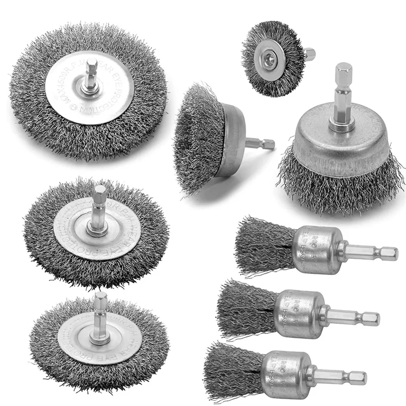 

9PC Coarse Crimped Wire Wheel Cup Pen Brush Set for Drill Carbon Steel Wire Brush with Hex Shank for Removing Paint