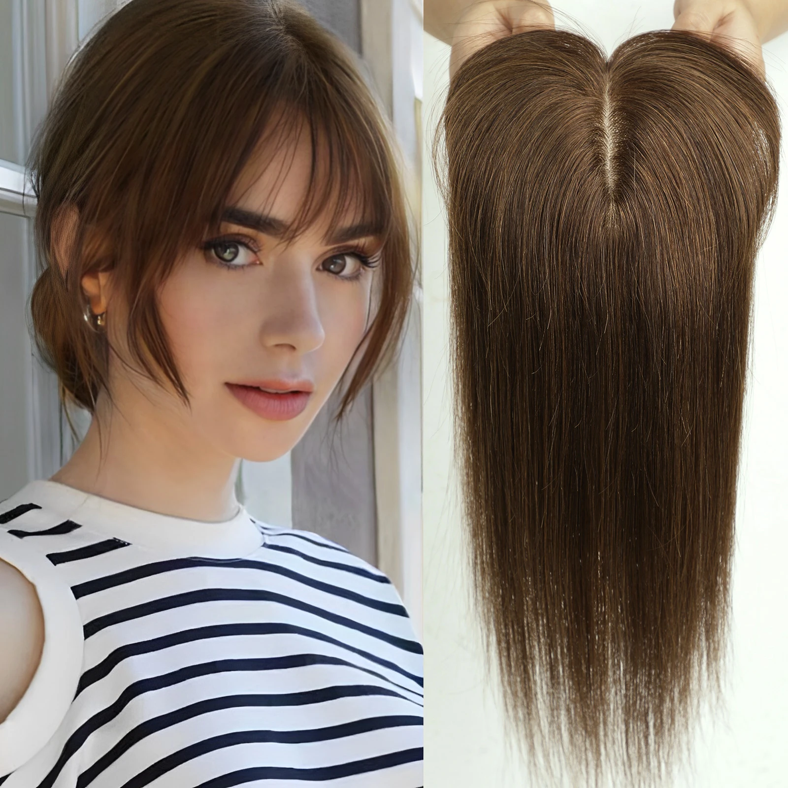 100% Brown Remy Human Hair Toppers Wigs with Bangs Silk Base Clip in Topper Top Hairs in Hair Extension for Women 10/12/14inch